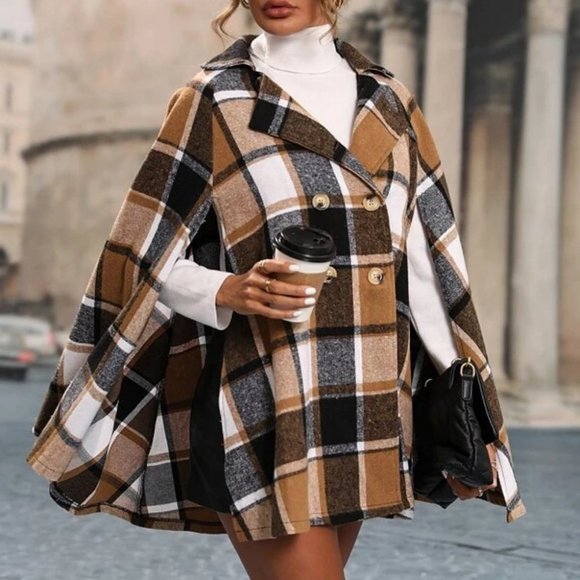 . Jackets & Blazers - Double Breasted Plaid Print Cloak Sleeve Coat jacket cape
